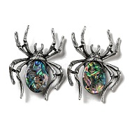 Dual-use Items Alloy Pave Dyed Shell Spider Brooch, with Jet Rhinestone, Antique Silver, Colorful, 57.5~58x41.5~42x12.5mm, Hole: 4x3mm(JEWB-C026-04B-AS)