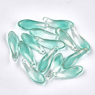 Spray Painted Glass Pendants, with Glitter Powder, Leaf, Medium Turquoise, 26x8.5x3.5mm, Hole: 0.5mm(GGLA-S043-01D)