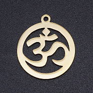 Chakra Theme, 201 Stainless Steel Laser Cut Pendants, Ring with Aum/Ohm, Golden, 23x20x1mm, Hole: 2mm(STAS-S105-T975-2)