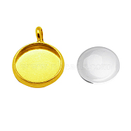 Dome Transparent Glass Cabochons and Brass Pendant Cabochon Settings for DIY, Golden, Tray: 10mm, 12x2mm, Hole: 3mm, 9.5~10x3.5mm(DIY-X0288-01G)