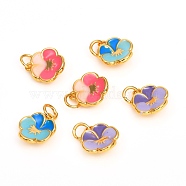 Brass Enamel Charms, Long-Lasting Plated, Flower, Real 18K Gold Plated, Mixed Color, 12x10.5x3.5mm, Hole: 3mm(ZIRC-F816-02)