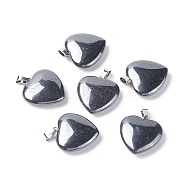 Natural Hematite Pendants, with Platinum Tone Brass Findings, Heart, 27~28x24.5~26x6~8.5mm, Hole: 2.4x5.6mm(X-G-G956-B50-FF)