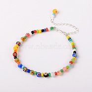 Handmade Millefiori Glass Beads Anklets, with Zinc Alloy Lobster Claw Clasps and Iron End Chains, Colorful, 235mm(X-AJEW-AN00028)