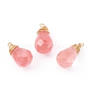 Cherry Quartz Glass Pendant, with Real 18K Gold Plated Eco-Friendly Copper Wire Copper Beading Wire Findings, Faceted, Teardrop, 20x11x11mm, Hole: 2mm(PALLOY-JF00643)