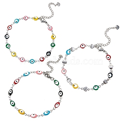 3Pcs 3 Styles 304 Stainless Steel Link Bracelets, with Enamel and Lobster Claw Clasps, Evil Eye, Colorful, Stainless Steel Color, 1pc/style(BJEW-SZ0001-25)