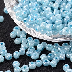 Glass Seed Beads, Ceylon, Round, Pale Turquoise, 4mm, Hole: 1.5mm, about 1000pcs/100g(X1-SEED-A011-4mm-143)