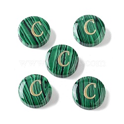 Synthetic Malachite Beads, with Golden Tone Brass Slices, Flat Round with Letter, Letter C, 15x5mm, Hole: 1.4mm(G-A238-01C)