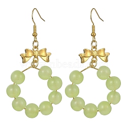 Imitation Jade Glass Beaded Ring Dangle Earrings, Golden Alloy Bowknot Long Drop Earrings, Dark Sea Green, 63x32mm(EJEW-JE05567-04)