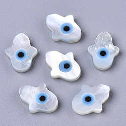 Natural White Shell Mother of Pearl Shell Beads, with Synthetic Turquoise, Hamsa Hand/Hand of Miriam with Evil Eye, Deep Sky Blue, 10x8x2mm, Hole: 0.6mm(SSHEL-N034-57B)