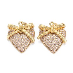 Brass Micro Pave Cubic Zirconia Pendants, Long-Lasting Plated, Heart with Bowknot, Real 18k Gold Plated, 24.5x20.5x5mm, Hole: 3.4mm, Jump Ring: 5x0.8mm(ZIRC-G170-18G)