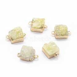 Natural Druzy Quartz Links connectors, with Brass Findings, Square, Golden, Pale Goldenrod, 14~18x9~10x6~8mm, Hole: 2mm(G-P396-11G-06)