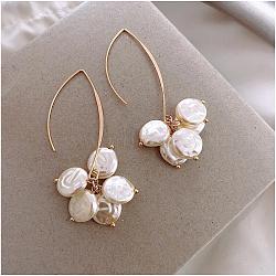 Alloy Pearl Bead Dangle Earrings, Flat Round, Golden, 55mm(FS-WG097D2-01)