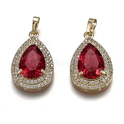 Golden Plated Brass Micro Pave Clear Cubic Zirconia Pendants, with Glass, Long-Lasting Plated, with Snap on Bails, Teardrop, Red, 24.5x16x7.5mm, Hole: 3x5mm(ZIRC-F123-04J)