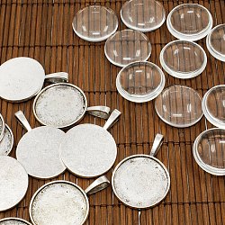 25mm Transparent Clear Domed Glass Cabochon Cover for Photo Pendant Making, with Antique Silver Alloy Settings, Lead Free & Nickel Free, Pendant: 40x26.5x6.5mm, Hole: 9.5x5mm(TIBEP-X0008-FF)