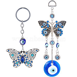 Alloy Pendant Decorations, with Alloy Rhinestone Pendant Keychains, Butterfly with Evil Eye, Antique Silver & Platinum, Pendant Decorations: 195mm, 1pc, Keychains: 126mm, 1pc(HJEW-GF0001-28)