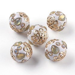 Handmade Indonesia Beads, with Metal Findings and Rhinestones, Light Gold Color Plated, Round, Light Gold, 18x19.5mm, Hole: 1mm(IPDL-P003-08)