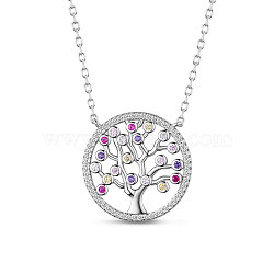 SHEGRACE Rhodium Plated 925 Sterling Silver Pendant Necklaces, with Grade AAA Cubic Zirconia, with 925 Stamp, Flat Round with Tree of Life, Colorful, 14.96 inch(38cm)(JN756A)