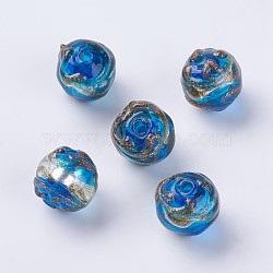 Handmade Silver Foil Lampwork Beads, with Gold Sand, Round, Dodger Blue, 12mm, Hole: 1mm(LAMP-J089-R04)