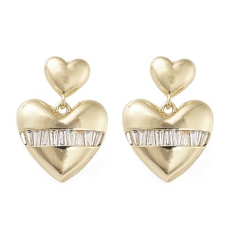 Heart Brass Dangle Stud Earrings with Cubic Zirconia, Long-Lasting Plated, Golden, 20.5x15.5mm
