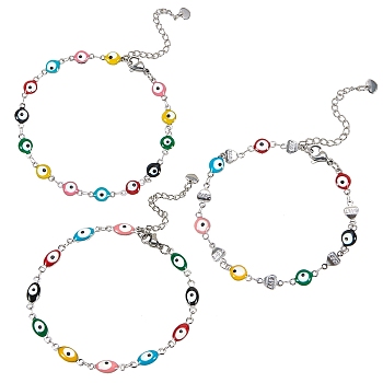 3Pcs 3 Styles 304 Stainless Steel Link Bracelets, with Enamel and Lobster Claw Clasps, Evil Eye, Colorful, Stainless Steel Color, 1pc/style
