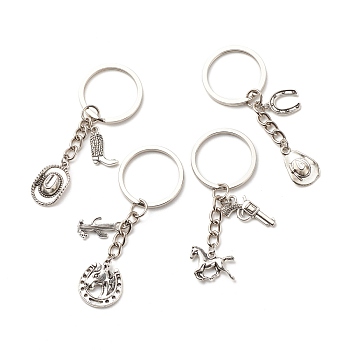Tibetan Style Alloy Keychains, with 304 Stainless Steel & Iron Findings, Cowboy Theme, Mixed Shapes, Antique Silver, 6.5~7.7cm