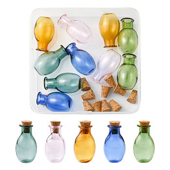 10Pcs 5 Colors Oval Glass Cork Bottles Ornament, Glass Empty Wishing Bottles, DIY Vials for Pendant Decorations, Mixed Color, 1.55x2.6~3cm, 2pcs/color