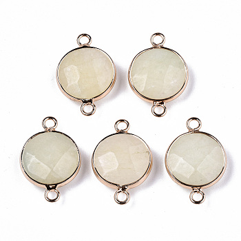 White Jade Links Connectors, with Light Gold Plated Brass Findings, Faceted, Flat Round, Dyed & Heated, 23~24x15~15x5~6mm, Hole: 2mm