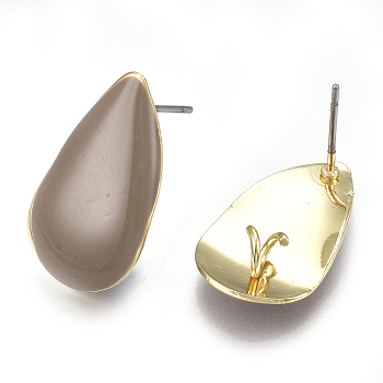 Alloy Stud Earring Findings, with Loop, Enamel and Steel Pins, Teardrop, Light Gold, Camel, 22x13mm, Hole: 3mm, Pin: 0.7mm