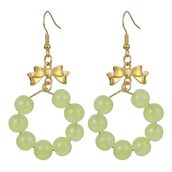 Imitation Jade Glass Beaded Ring Dangle Earrings, Golden Alloy Bowknot Long Drop Earrings, Dark Sea Green, 63x32mm