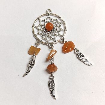 Antique Silver Plated Alloy Big Pendants with Natural Red Aventurine Chips, Woven Web with Feather Charms, 75x28x8mm, Hole: 2mm