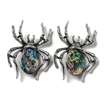 Dual-use Items Alloy Pave Dyed Shell Spider Brooch, with Jet Rhinestone, Antique Silver, Colorful, 57.5~58x41.5~42x12.5mm, Hole: 4x3mm