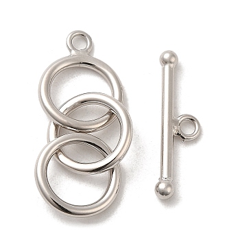 Rhodium Plated 925 Sterling Silver 3-Ring Toggle Clasps, Real Platinum Plated, Bar: 5x20x2.5mm, Hole: 1.8mm, Ring: 28x11x1.5mm, Hole: 1.5mm