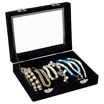 Rectangle Clear Window Jewelry Velvet Presentation Box Organizer with MDF Wood and Iron Locks, for Bracelet, Necklace Display, Black, 15.2x20.3x5cm