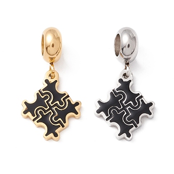 304 Stainless Steel European Dangle Charms, Large Hole Pendants, with Enamel, Golden & Stainless Steel Color, Puzzle, Black, 25mm, Hole: 4.5mm