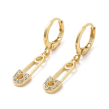 Rack Plating Brass Safety Pin Dangle Leverback Earrings with Cubic Zirconia, Lead Free & Cadmium Free, Real 18K Gold Plated, 31mm