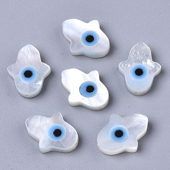 Natural White Shell Mother of Pearl Shell Beads, with Synthetic Turquoise, Hamsa Hand/Hand of Miriam with Evil Eye, Deep Sky Blue, 10x8x2mm, Hole: 0.6mm
