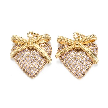 Brass Micro Pave Cubic Zirconia Pendants, Long-Lasting Plated, Heart with Bowknot, Real 18k Gold Plated, 24.5x20.5x5mm, Hole: 3.4mm, Jump Ring: 5x0.8mm