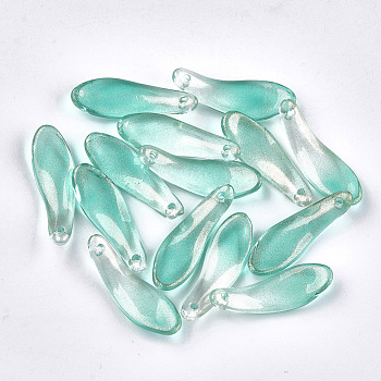 Spray Painted Glass Pendants, with Glitter Powder, Leaf, Medium Turquoise, 26x8.5x3.5mm, Hole: 0.5mm