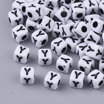White Opaque Acrylic Beads, Horizontal Hole, Cube with Black Alphabet, Letter.Y, 4~5x4~5x4~5mm, Hole: 1.8mm, about 255~260pcs/20g