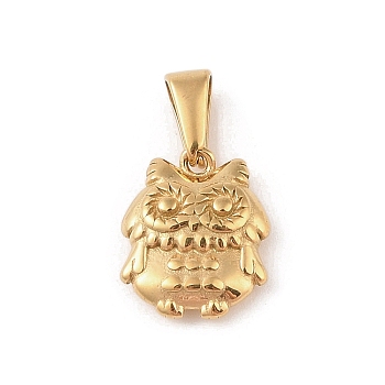 Vacuum Plating 304 Stainless Steel Pendants, Owl Charm, Golden, 15.5x12.5x4.5mm, Hole: 6.5x3mm