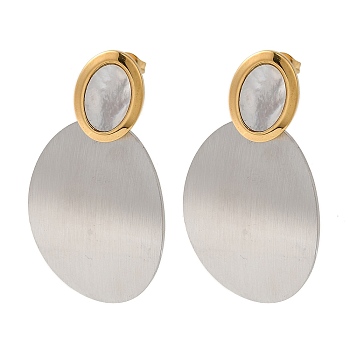 Titanium Steel Stud Earrings for Women, with Shell, Oval, Real 18K Gold Plated & Stainless Steel Color, 46.5x26mm