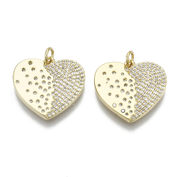 Brass Micro Pave Cubic Zirconia Pendants, with Jump Ring, Nickel Free, Heart, Real 16K Gold Plated, Clear, 20x21x2mm, Hole: 3mm