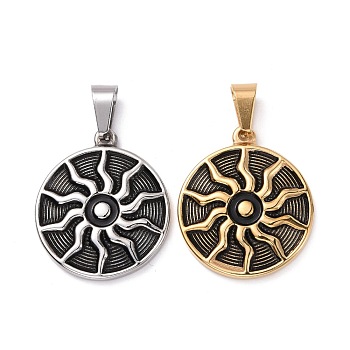 304 Stainless Steel Pendants, Flat Round with Sun, Mixed Color, 29x25x3mm, Hole: 9x4mm