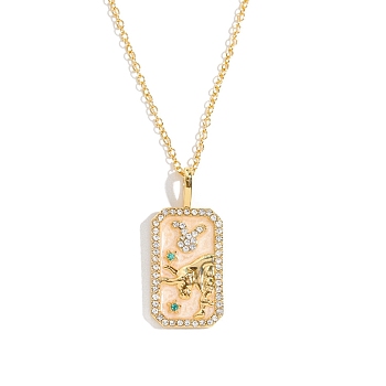 Brass Micro Pave Cubic Zirconia Rectangle with Constellation Pendant Necklaces, with Enamel, Cable Chain Necklace for Women, Taurus, 15-3/4 inch(40cm)