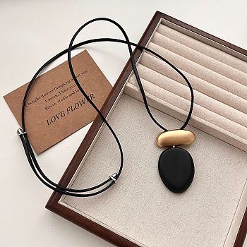 Wood & Alloy Oval Pendant Adjustable Black Waxed Cord Necklaces for Women, Golden, Black, 35.43 inch(90cm)