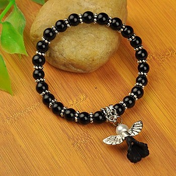Lovely Wedding Dress Angel Bracelets for Kids, Carnival Stretch Bracelets, with Glass Pearl Beads and Tibetan Style Beads, Black, 45mm