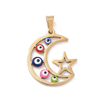 Vacuum Plating 304 Stainless Steel Enamel Pendants, Golden, Hollow, Moon & Star with Evil Eye, Colorful, 22x18.5x3mm, Hole: 5x3mm