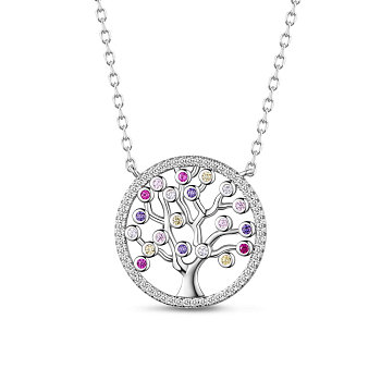SHEGRACE Rhodium Plated 925 Sterling Silver Pendant Necklaces, with Grade AAA Cubic Zirconia, with 925 Stamp, Flat Round with Tree of Life, Colorful, 14.96 inch(38cm)
