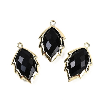 Natural Obsidian Faceted Leaf Pendants, Rack Plating Brass Charms, Golden, 23x13.5x5.5mm, Hole: 1.2mm