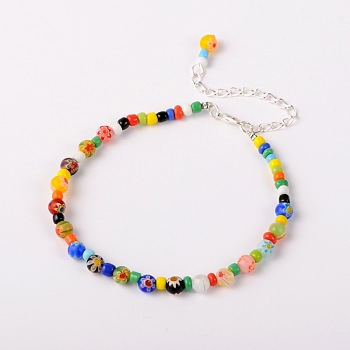 Handmade Millefiori Glass Beads Anklets, with Zinc Alloy Lobster Claw Clasps and Iron End Chains, Colorful, 235mm